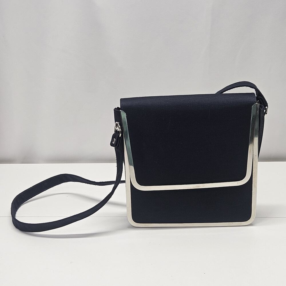 Retro Vintage Late 50s Markay Navy Fabric Leather Handbag w Metal Trim MCM